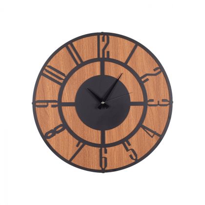 METAL MDF WALL CLOCK BLACK - WALNUT HM7444 Φ50 cm.