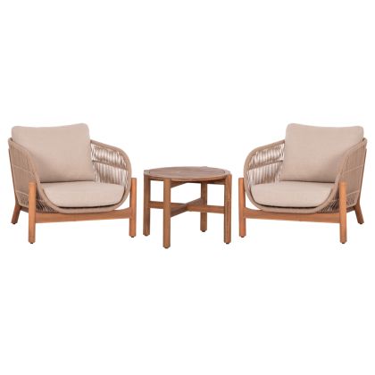 LOUNGE SET SANJI HM21214 COFFEE TABLE & 2 LOUNGE ARMCHAIRS--ACACIA WOOD-ALUMINUM FRAME-ROPE