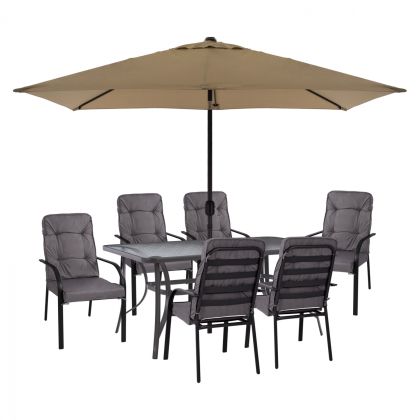 DINING SET 8PCS TABLE, GRAY ARMCHAIRS & MOCHA GRAY UMBRELLA HM11476