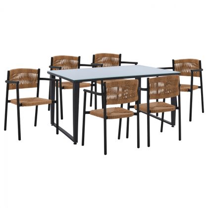 DINNING SET 7PCS GLASS TOP TABLE 160X90 & ARMCHAIR IN CHARCOAL-BEIGE HM11448