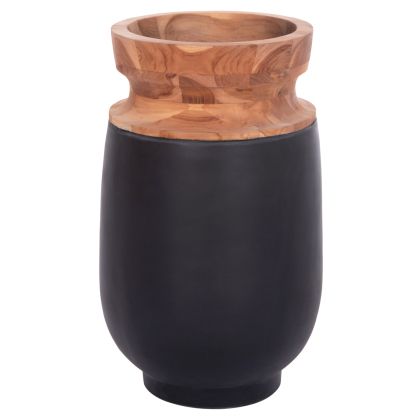 DECORATIVE FLOOR VASE LINTER HM4662.01S FIBER CEMENT IN BLACK--TEAK WOOD Φ34x60Hcm.