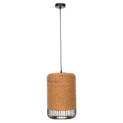 CEILING PENDANT LAMP HM4340 SAND BEIGE PAPER ROPE-BLACK METAL FRAME Φ26x40-120Hcm.