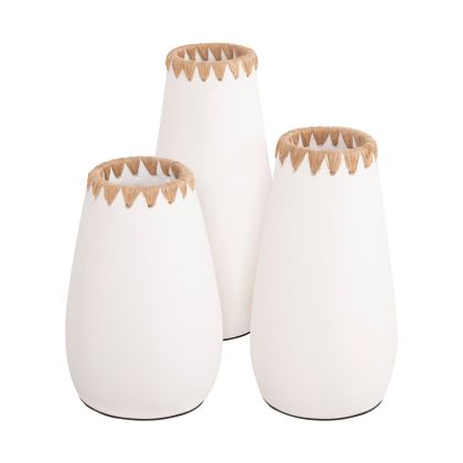 SET 3PCS DECORATIVE VASES HM4373 TERRACOTTA IN WHITE WITH STRAW WEAVING ON THE RIM