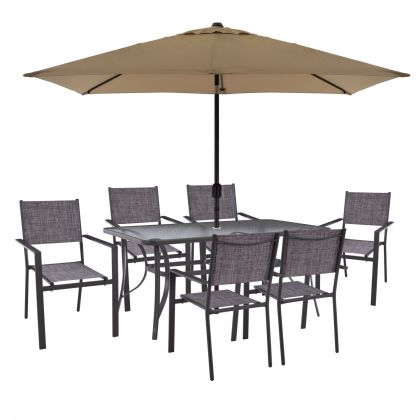 DINING SET 8PCS TABLE 150x90 WITH ARMCHAIR TEXTILINE GRAY & UMBRELLA 262x170 HM11469