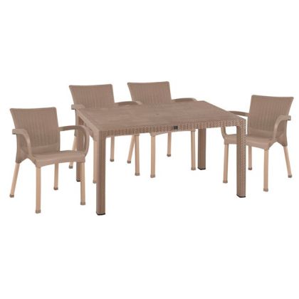 Set 5 pieces Table & polypropylene chairs Rattan in cappuccino color HM10575.02