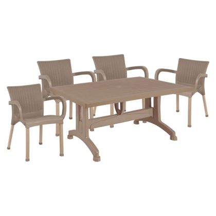 Set 5 pieces Table & polypropylene chairs rattan in cappuccino color HM10582.02