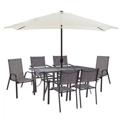 DINING SET SET TABLE WITH BEIGE UMBRELLA & TEXTILINE ARMCHAIR GRAY HM11484