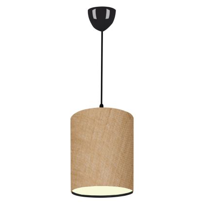 PENDANT CEILING LAMP HM7623.01 BLACK PILLAR, SAND-COLORED JUTE FABRIC DRUM SHADE