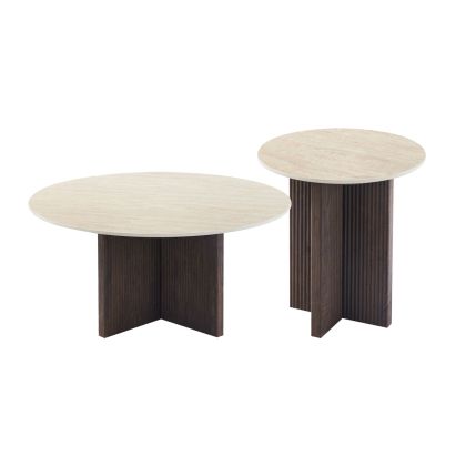 SET 2PCS COFFEE TABLES SKY HM21263 CERAMIC TOP WITH TRAVERTINE STONE LOOK--MDF BASE IN BROWN