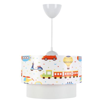 PENDANT CEILING LAMP HM7573.01 KIDS’ ROOM DOUBLE WHITE DRUM SHADE WITH MULTICOLORED TRANSPORT TOY FIGURES