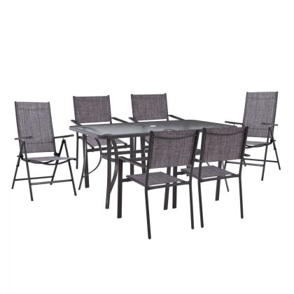 DINING SET 7PCS TABLE 150x90 WITH METALLIC GRAY FOLDABLE ARMCHAIRS FURNITURE HM11481