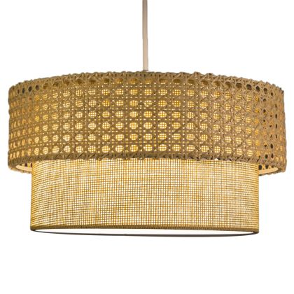 PENDANT CEILING LAMP HM7629.01 TWO-LAYER DRUM-RATTAN AND FABRIC, METAL FRAME