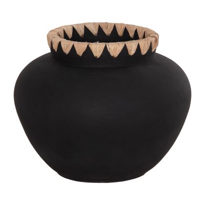 DECORATIVE VASE RENTON(M) HM4732 TERRACOTTA IN BLACK-STRAW WEAVING ON THE RIM Φ28x23Hcm.