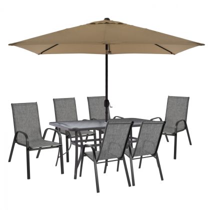 DINING SET 8PCS TABLE WITH GRAY ARMCHAIRS & MOCHA GRAY UMBRELLA HM11473