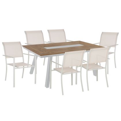 OUTDOOR DINING SET HM11837 7PCS ALUMINUM POLYWOOD TABLE & ALUMINUM ARMCHAIRS TEXTLINE WHITE