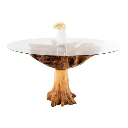 DINING TABLE ROOTS HM9395 TEAK ROOT WOOD-TEMPERED GLASS TOP 150x150X80Hcm.