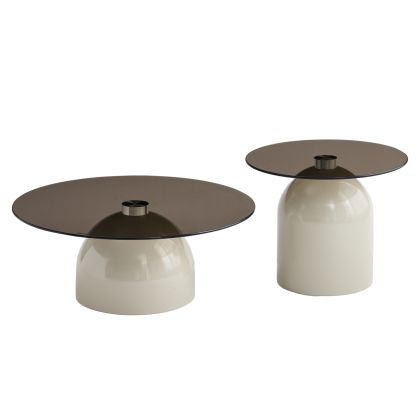 SET 2 COFFEE TABLES BELLINS HM18313.04 BEIGE METAL BASES--GLASS TOPS Φ50cm & Φ80cm