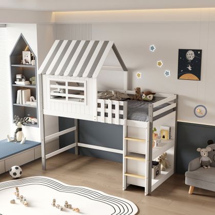 KID'S BED t.MONTESSORI WITH SHELVES HOMI HM712 PINE WOOD IN WHITE-GREY FOR MATTRERSS 90x190cm.