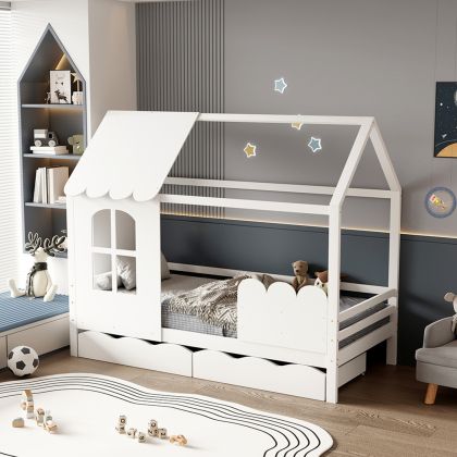 KID'S BED t.MONTESSORI WITH 2 DRAWERS DOMER HM710.03 PINE WOOD IN WHITE-MATTRESS 90x190cm.