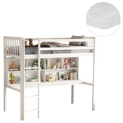 BUNK BED WITH DESK LIBRO HM21317 PINE WOOD IN WHITE--WITH MATTRESS 90x190cm