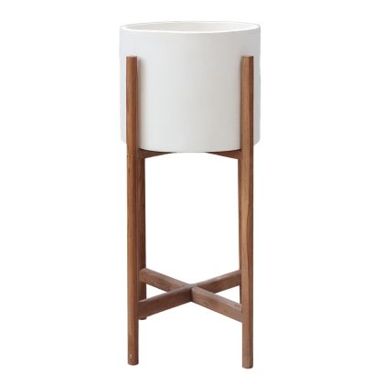 INDOOR POT RENTIL HM4684.02S FIBER CEMENT IN WHITE COLOR--TEAK BASE Φ25x55Hcm