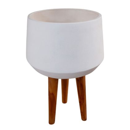 INDOOR POT QUAN HM4680.02L FIBER CEMENT IN WHITE--TEAK BASE Φ40x85Hcm