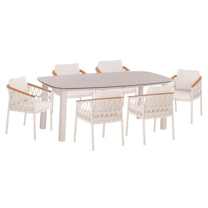 OUTDOOR DINING SET 7PCS DOSUN HM10910.02 CREAM WHITE ALUMINUM--ROPE & OLEFIN CUSHIONS IN BEIGE