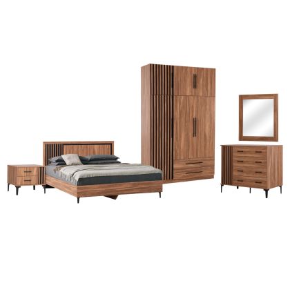 BEDROOM FURNITURE SET 6PCS HARRY HM10912.01 MELAMINE IN NATURAL WOOD & BLACK--FOR MATTRESS 160X200cm