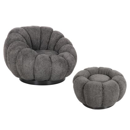 SET SWIVELLING ARMCHAIR WITH ROUND STOOL GRYMM HM10928.01 GREY BOUCLE FABRIC