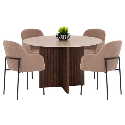 DINING SET 5PCS SKY HM10945.03 CERAMIC TOP--FABRIC IN TAUPE & BLACK METAL LEGS