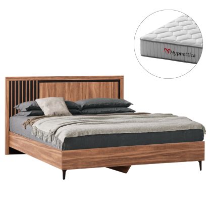 DOUBLE BED WITH MATTRESS HARRY HM10764 MELAMINE IN NATURAL WOOD COLOR & BLACK--FOR 160x200cm
