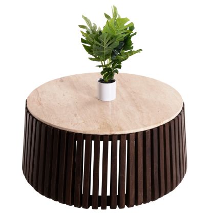 COFFEE TABLE KREST HM9711 ACACIA WOOD IN LIGHT BROWN-WHITE TRAVERTINE Φ90x40Hcm.