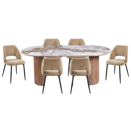 DINING SET 7PCS MARBLEX HM11391 CERAMIC TOP IN PANDORA COLOR SCHEME--CHAIRS WITH TAUPE COLOR FABRIC