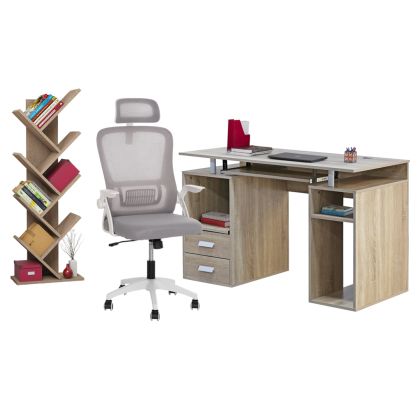 STUDENT PACK 3PCS HM11207 DESK+BOOKCASE+OFFICE CHAIR--SONAMA/WHITE