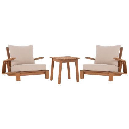 LOUNGE SET MIREX HM10893 COFFEE TABLE & 2 LOUNGE ARMCHAIRS--ACACIA WOOD-ECRU CUSHIONS