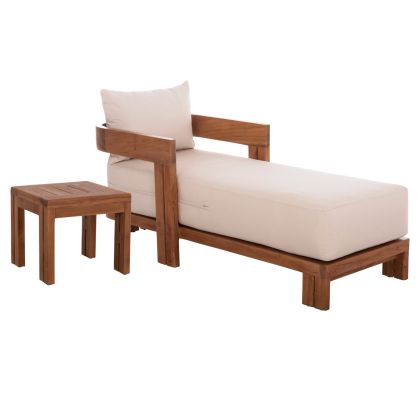 SET OF OUTDOOR CHAISE LOUNGE WITH SIDE TABLE KIOTO HM10961 TEAK WOOD IN NATURAL--CUSHIONS IN BEIGE