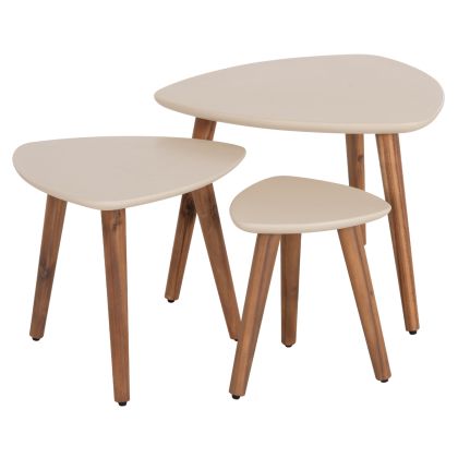 SET 3PCS SIDE TABLES PRANTIS HM10734.02 FIBER CEMENT IN BEIGE--ACACIA WOOD LEGS