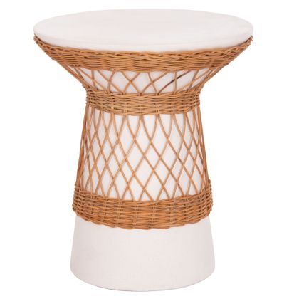 SIDE TABLE ROUND DELIA HM18167.02 FIBER CEMENT WHITE & RATTAN Φ40x45Hcm.