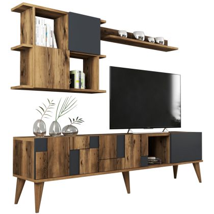 TV FURNITURE COMBO TRONDE HM9437.01 MELAMINE WALNUT AND CHARCOAL GREY 180x33.8x48.6Hcm.