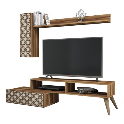 TV FURNITURE SET HM9518.02 MELAMINE IN WALNUT AND CREAM 150x37.2x37.8Hcm.