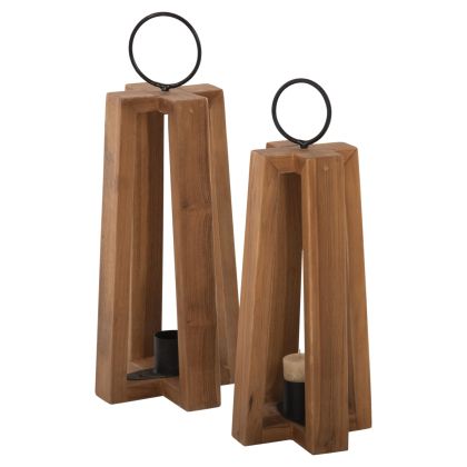 LANTERNS FOR CANDLES WITH RING HANDLES HM4276 TEAK WOOD IN NATURAL 24x24x50-61H cm.