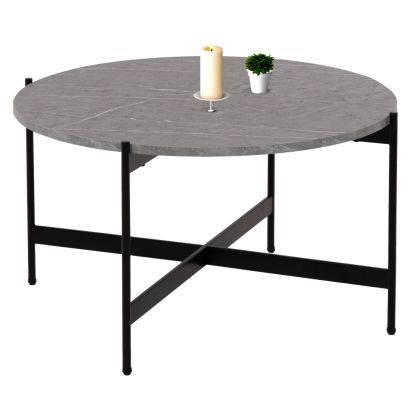 COFFEE TABLE HM9588.02 MDF GREY MARBLE TABLETOP-BLACK METAL BASE Φ80x45Hcm.