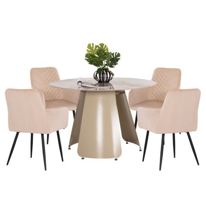 DINING SET 5PCS SEDAR HM10868 ROUND DINING TABLE & 4 DINING CHAIRS- ECRU