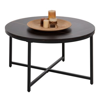 COFFEE TABLE HM9420.03 MELAMINE BLACK MARBLE-BLACK METAL LEGS Φ80x48,5Hcm.