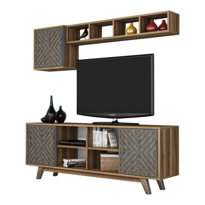 TV FURNITURE SET HM9516.02 MELAMINE IN WALNUT AND SKY BLUE 160x35x56.2Hcm.