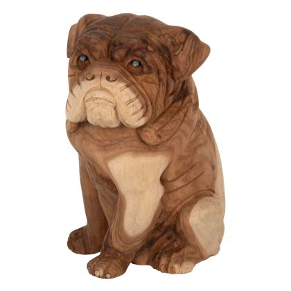 Декоративна фигура за под „Булдог“ от дърво суар в естествен цвят, 26x27x40 см.