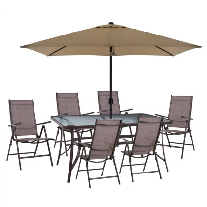 DINING SET 8PCS TABLE WITH MOCHA UMBRELLA & BROWN TEXTILINE ARMCHAIRS HM11490