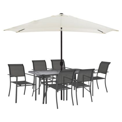 OUTDOOR DINING SET HM11817.10 8PCS METAL 150X90 & ALUMINUM ARMCHAIRS TEXTLINE GREY & BEIGE UMBRELLA