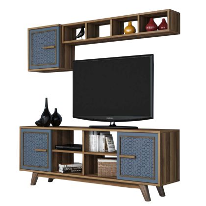 TV FURNITURE SET HM9513.02 MELAMINE IN WALNUT AND BLUE COLOR 160x35x56.2Hcm.