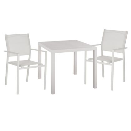 OUTDOOR DINING SET 3PCS HM11830 ALUMINUM SQUARE TABLE AND METAL ARMCHAIRS IN WHITE